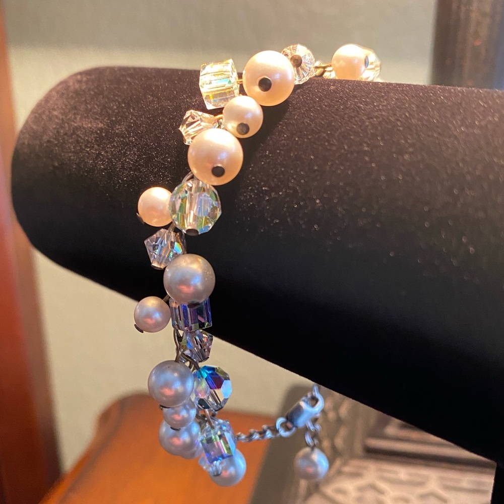 925 Sterling Silver Chain Bracelet with Faux Pearl & Crystal Faceted Bead Charms